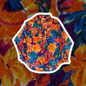 Vintage Satin Floral Colorful Button Up Shirt Women's L‎ Retro Funky Summer